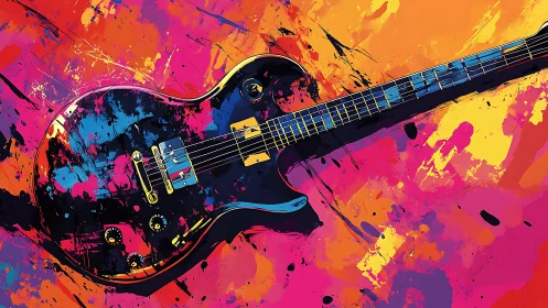 Electric guitar on neon splatter field, digital painting composition.