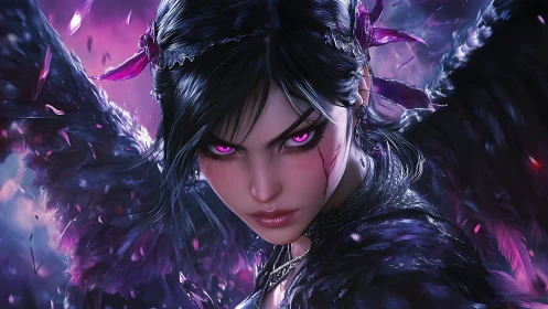 Dark-winged warrior with magenta luminescent eyes in dynamic motion