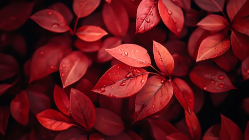 Red leaves with water droplets cover the entire frame