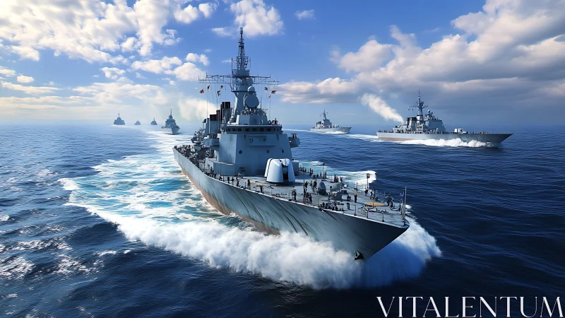 Naval destroyer fleet moves in formation across open ocean