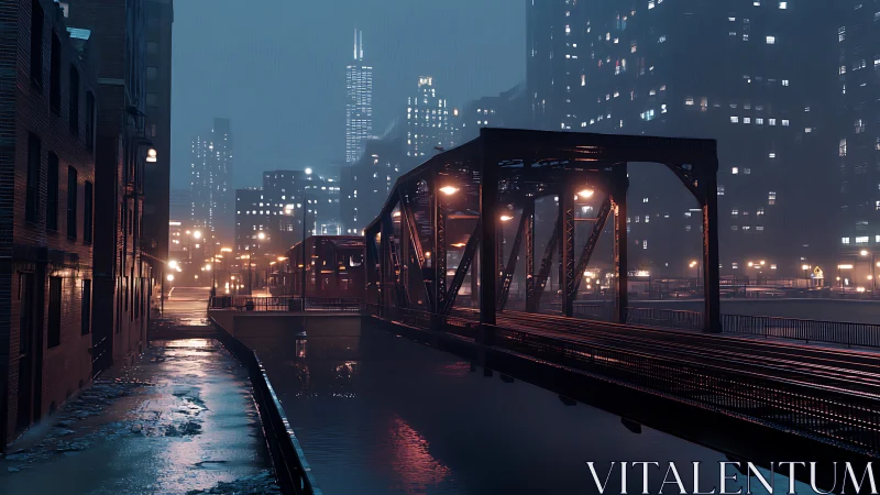 Rainy city bridge glowing softly in the evening hush.