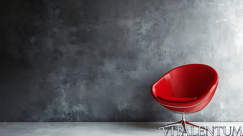 Red upholstered lounge chair positioned against textured gray wall.