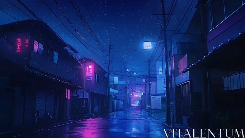Neon washed rainy street glowing softly in deep blue night.