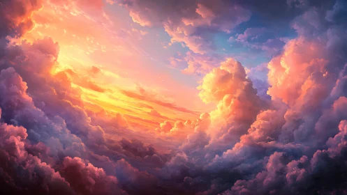 Layered sunset cloudscape with warm and cool color contrast.