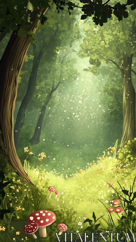 Enchanted Forest Clearing with Red Toadstool Mushrooms