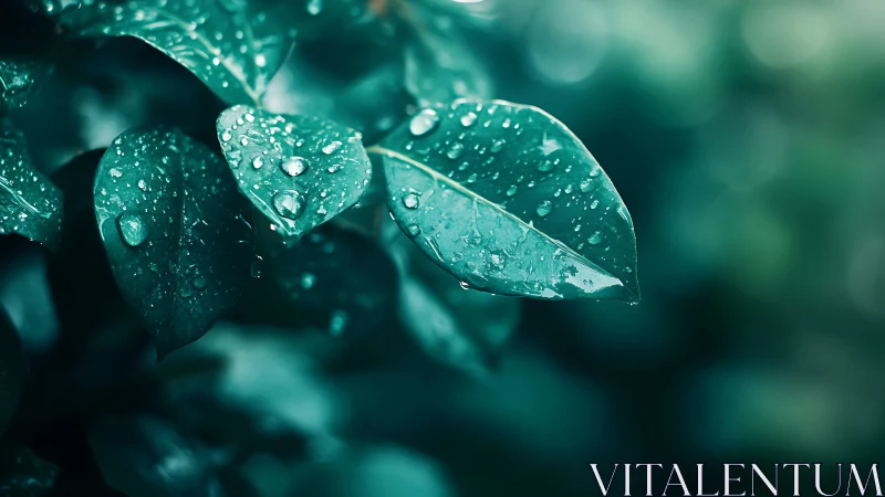 Glistening green leaves hold fresh raindrops in tranquil light