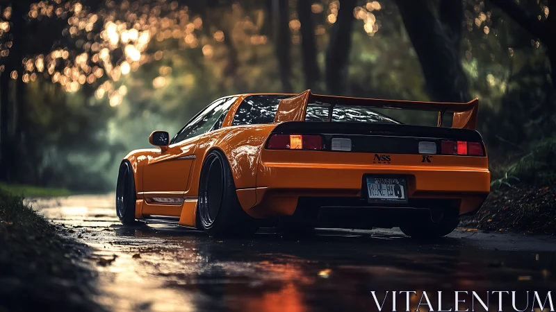 Orange modified sports car parked on wet forest road at dusk