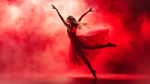 Graceful dancer leaping through glowing red stage light.