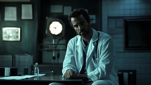 Tired doctor sits in dim hospital room after long night shift