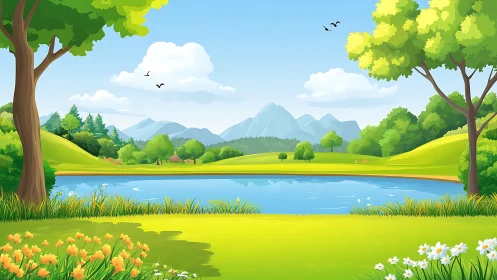 Idyllic cartoon lakeside meadow under clear blue summer sky