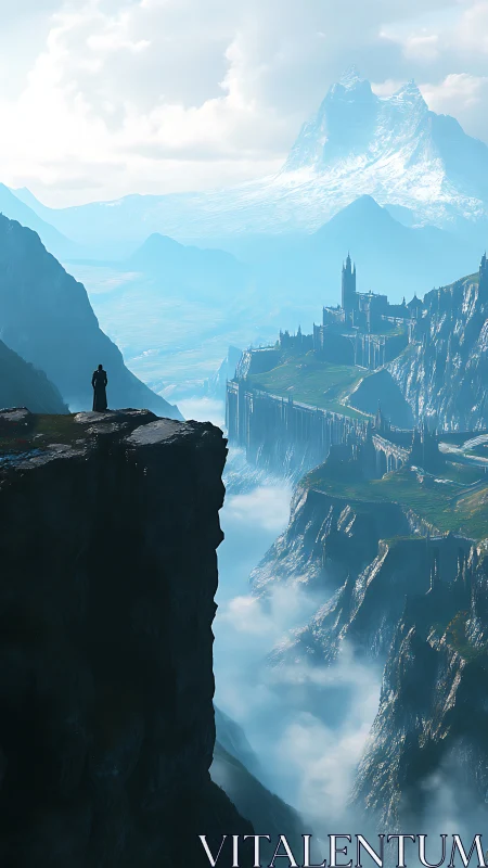 Lone cloaked figure overlooking distant cliffside fortress.