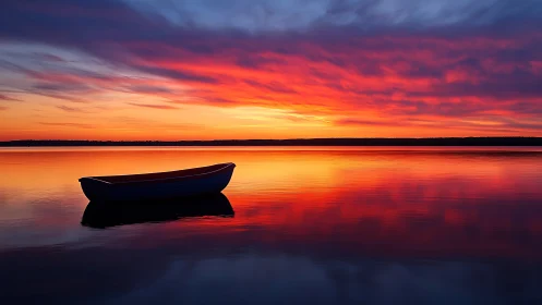 Solitary rowboat on mirrored lake under saturated red sunset