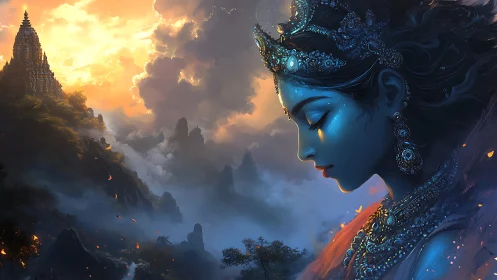 Divine blue goddess profile overlooks misty mountain temple