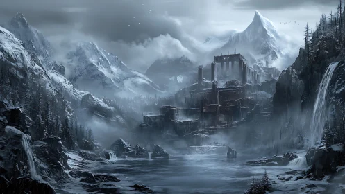 Frozen citadel dreams in a valley of storm-bitten peaks