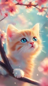 White Feline Portrait with Floral Background.