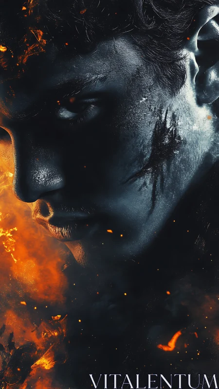 Intense warrior portrait in blue shadow and rising fire.