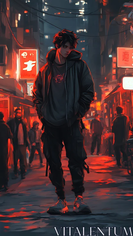 Neon city wanderer drifting through a midnight street glow.