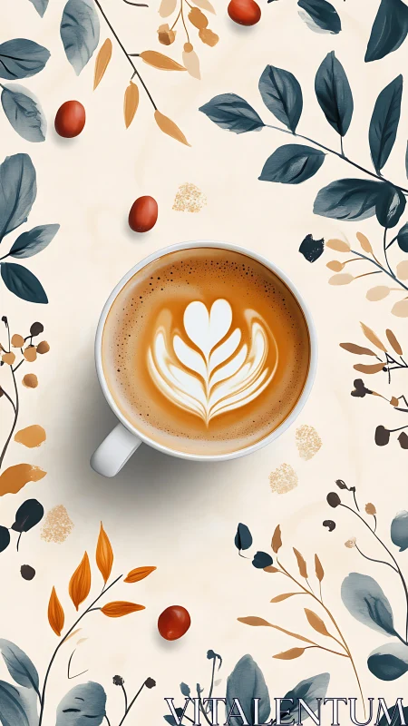 Latte art cup centered on stylized botanical pattern