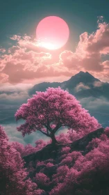 Infrared-toned cherry tree crowns rocky ridge beneath oversized sun