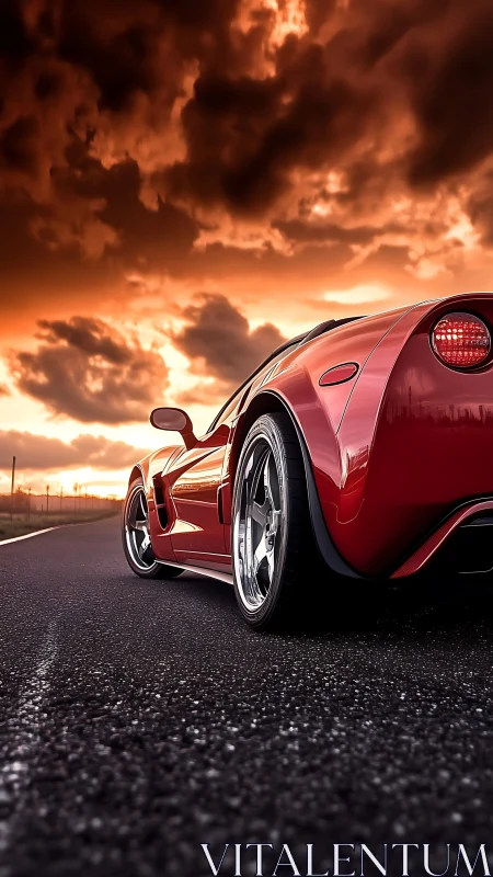 Red sports car waits on open road beneath blazing sunset.