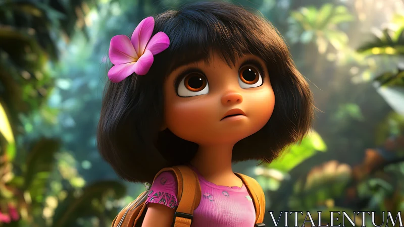 Wide-eyed jungle explorer girl with flower and backpack render