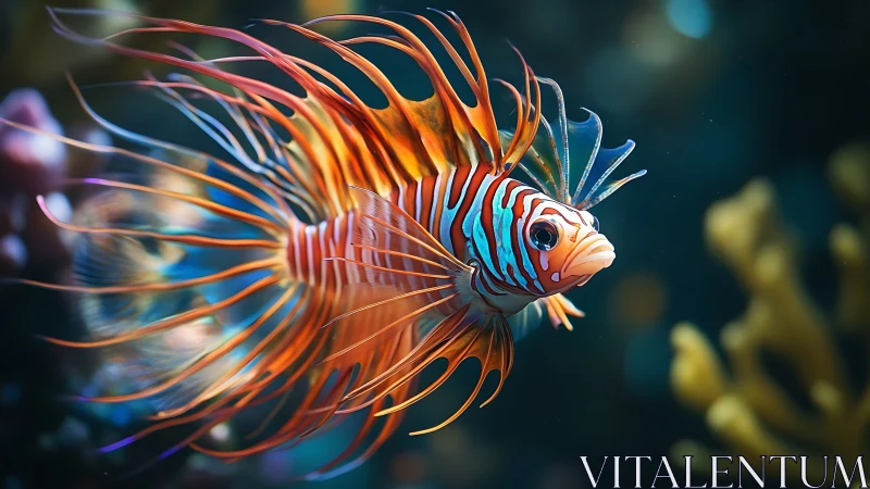 Radiant reef wanderer with glowing lionfish fins aglow.