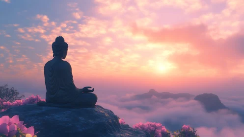 Silhouette of Buddha statue observes layered cloudscape at sunrise
