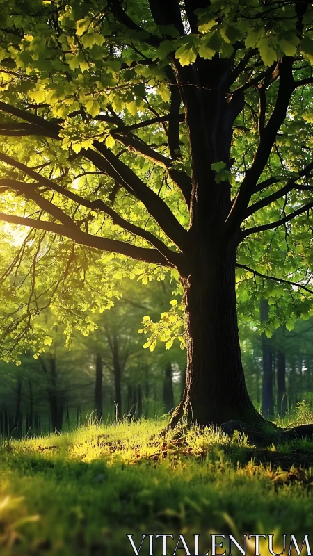 Majestic Tree Illuminated by Golden Sunlight Through Canopy