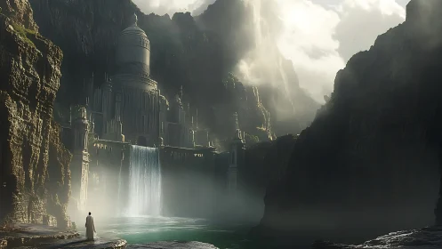 Monolithic cliffside citadel with cascading waterfall and lone observer