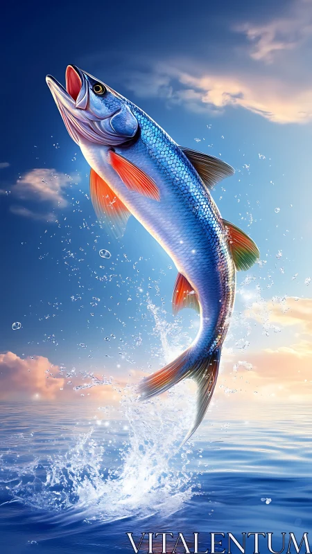 Leaping fish above calm ocean surface at sunset light.