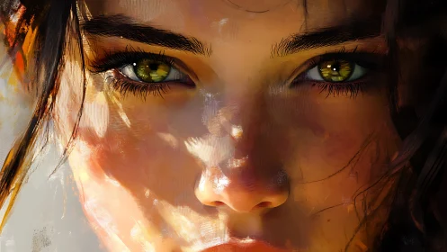 Intense green eyes emerge from painterly sunlit shadows.