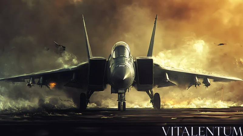 Powerful jet fighter waits in glowing smoke for bold takeoff