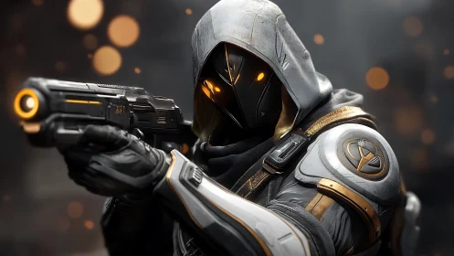 Hooded sci fi soldier aims weapon with glowing visor.