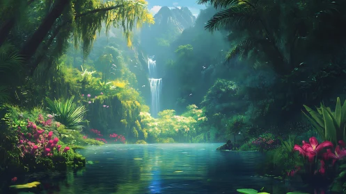 Lush bioluminescent jungle canyon with tiered waterfall lighting