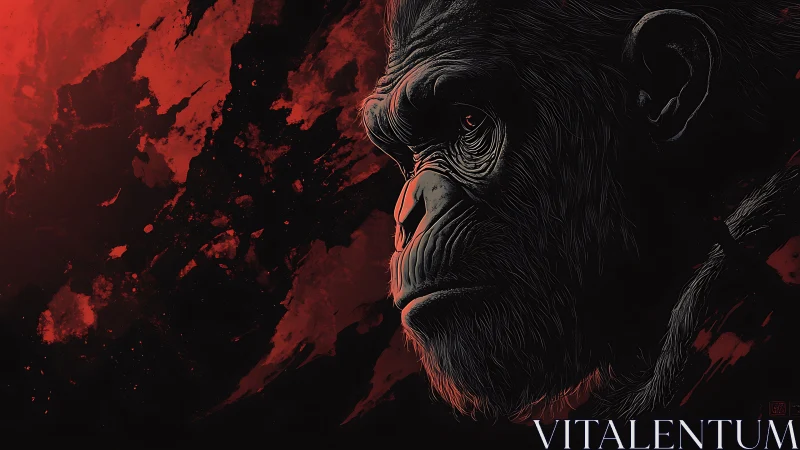 Stoic ape in crimson storm, painted with quiet intensity.