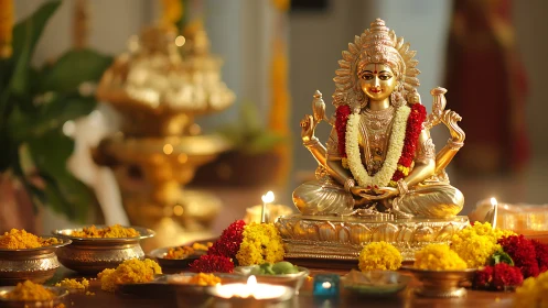 Golden goddess altar bathed in candlelight and blossoms.