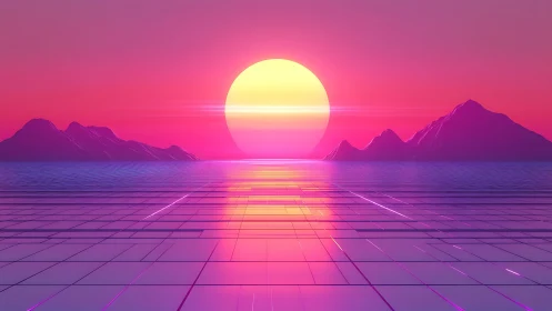 Neon horizon sun ignites a retrofuturist crystal seascape.