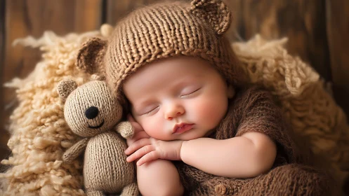 Sleeping newborn in knitted bear costume with toy companion