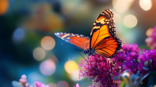 Monarch butterfly on vivid magenta blossoms in soft focus.