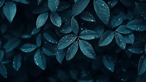 Dark teal leaves with scattered fresh raindrops at night.