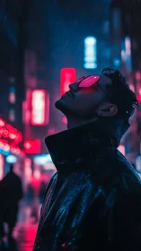 Neon-lit profile in rain with reflective pink visor glasses