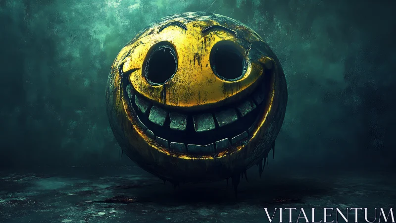Corroded spherical smiley mask exhibits decayed metallic surface detailing