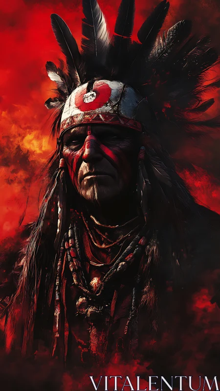 Stoic elder in feathered headdress amid red smoke.