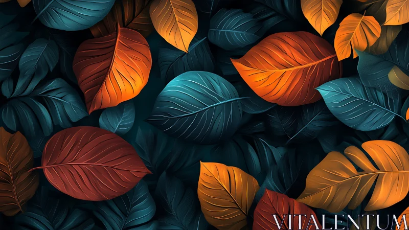 Vibrant tropical leaves in teal, orange, and deep red pattern.