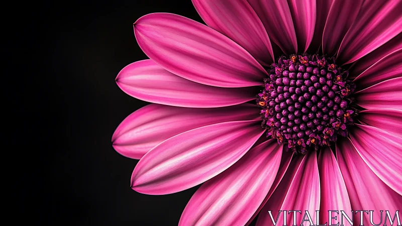 Vibrant Pink Daisy Bloom Against Black Background.