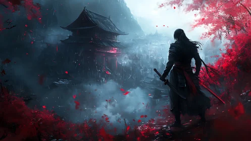 Silent warrior gazes over misty temple wrapped in crimson leaves