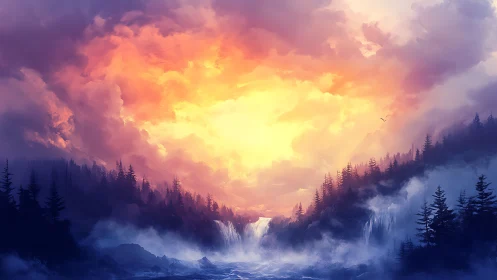 Volumetric sunrise over conifer gorge with cascading waterfalls