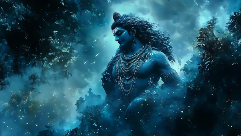Celestial blue deity emerging in luminous cosmic forest.