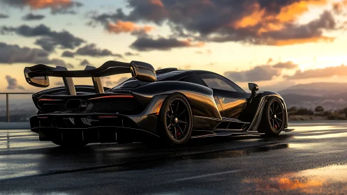 Carbon-black hypercar gleams on wet coastal road at sunset.