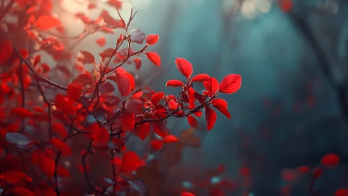 Vibrant red autumn leaves on branch with soft dreamy background.